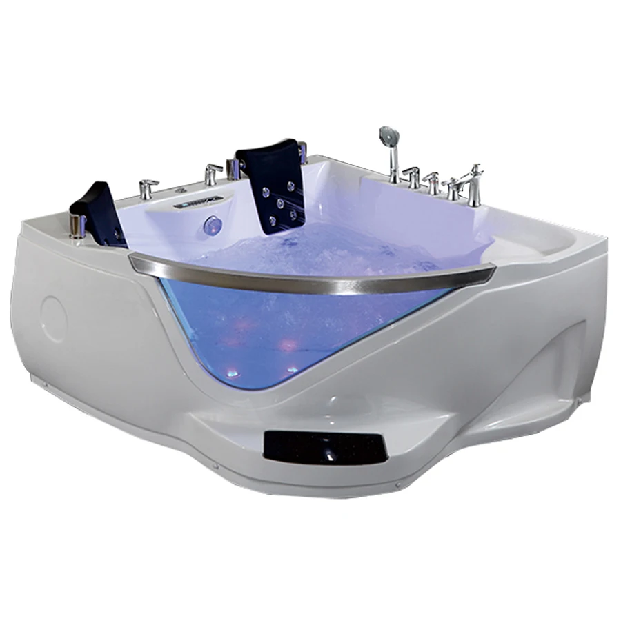 Low price 1500mm 2 sided skirt clear glass acrylic hydraulic massage bathtub whirlpool