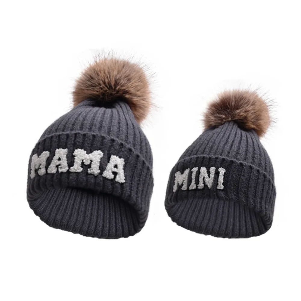 Autumn Winter Children Pompom Caps Mother Baby Hat Mama Mini Knit Hats