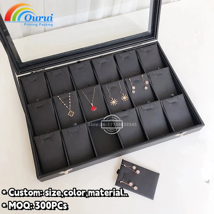 Stackable Black Leather Jewelry Box Tray with Glass Cover for Rings Bracelets Necklaces Earrings-Watch Boxes & Cases