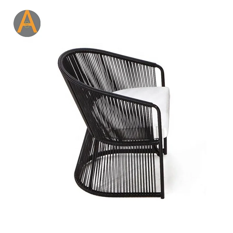 Modern aluminum frame armrest handle oval back Rattan strings rope outdoor dining chair for garden furniture