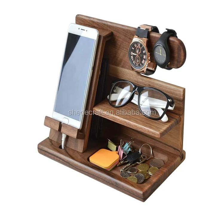 Natural walnut phone docking station key holder wallet watch organizer men gift husband wife tablet stand wood