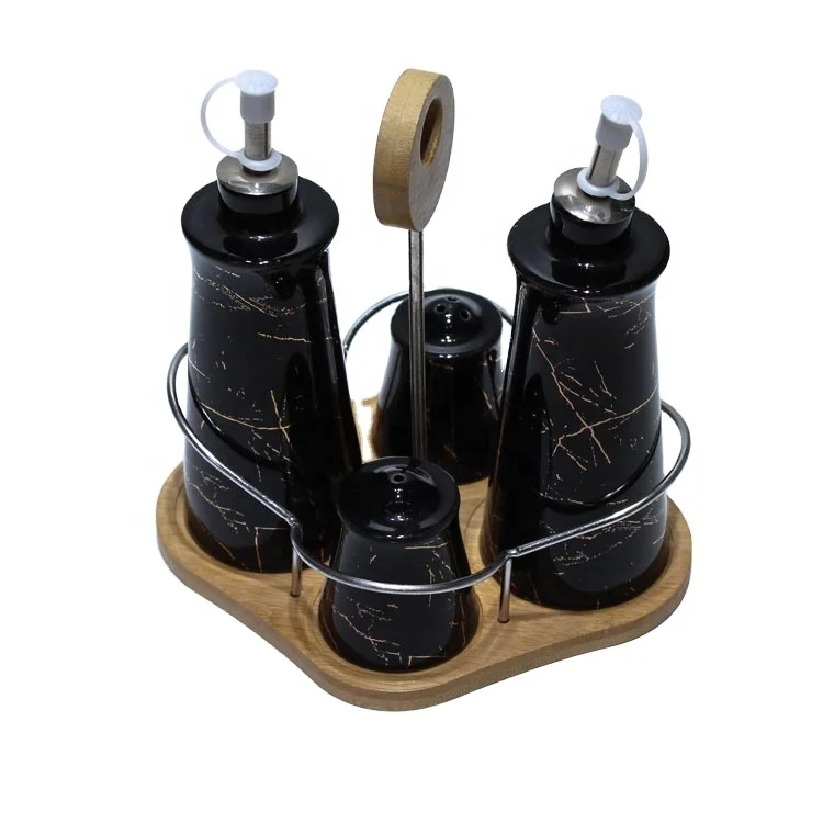 
New kitchenware Marble Ceramic Oil And Vinegar Bottle Pepper Salt Shaker Unique Vintage White Cruet Set With Bamboo Tray 
