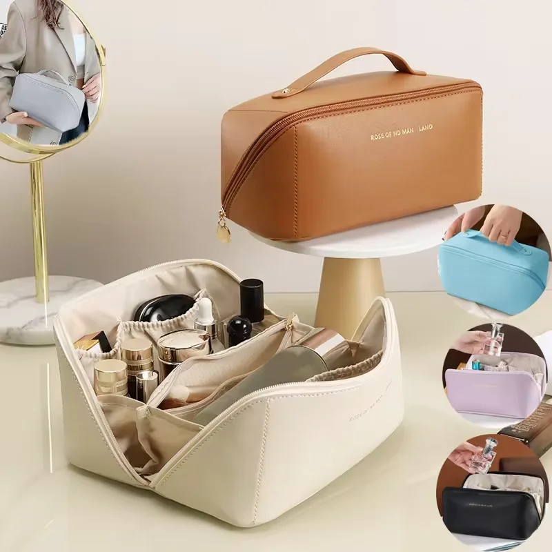 Custom Portable PU Leather Waterproof Travel Make up Bag Multifunctional Brush Makeup Toiletry Pouch Cosmetic Bag for Women