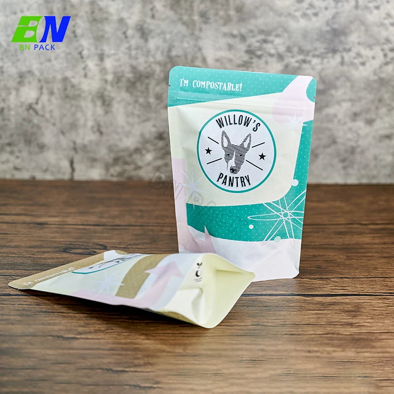 Custom printing 100% biodegradable compostable stand up kraft paper food packaging zipper bag