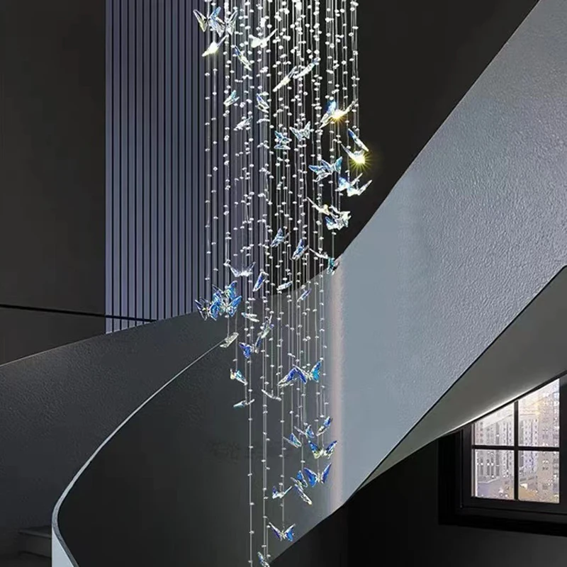 Villa hotel Minimalist Long Staircase  pendant lighting fixture Butterfly Crystal beaded rustic large chandelier