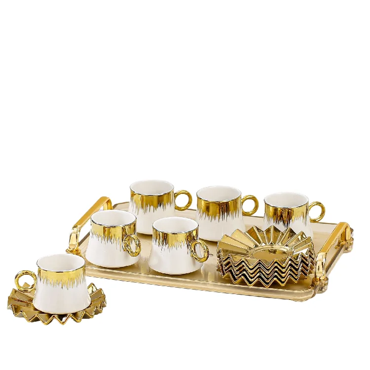 Middle East Arabic GoldPlated Ceramic Coffee espresso Cup with Saucer Set of 6 Cups Tray European Style Gift Box for Export