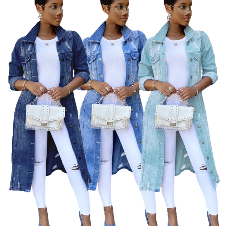 
Autumn Trendy Ladies Long Denim Trench Coat Sexy Blue Ripped Denim Jacket 