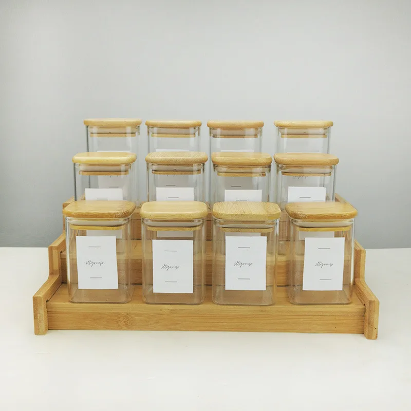 Hot Sale Home and Kitchen Mason Storage Jar square Glass Spice Jar With Wooden Bamboo Lid Set