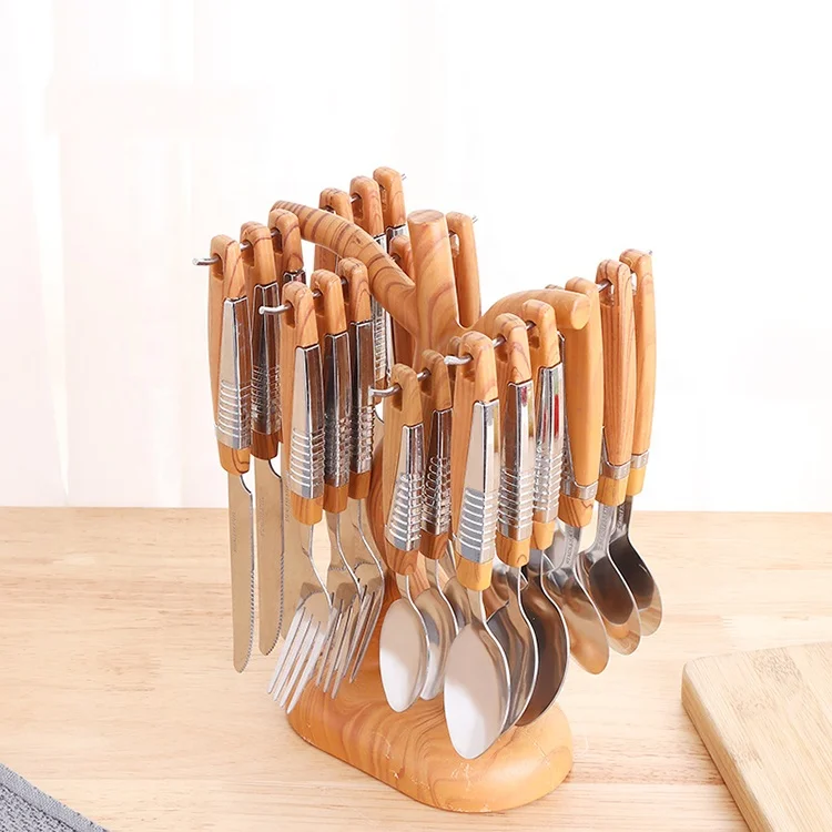24pcs Dinnerware Wooden Handle Stainless Steel Flatware Set Knife Serve Fork Spoon Portable Tableware Set With Rack
