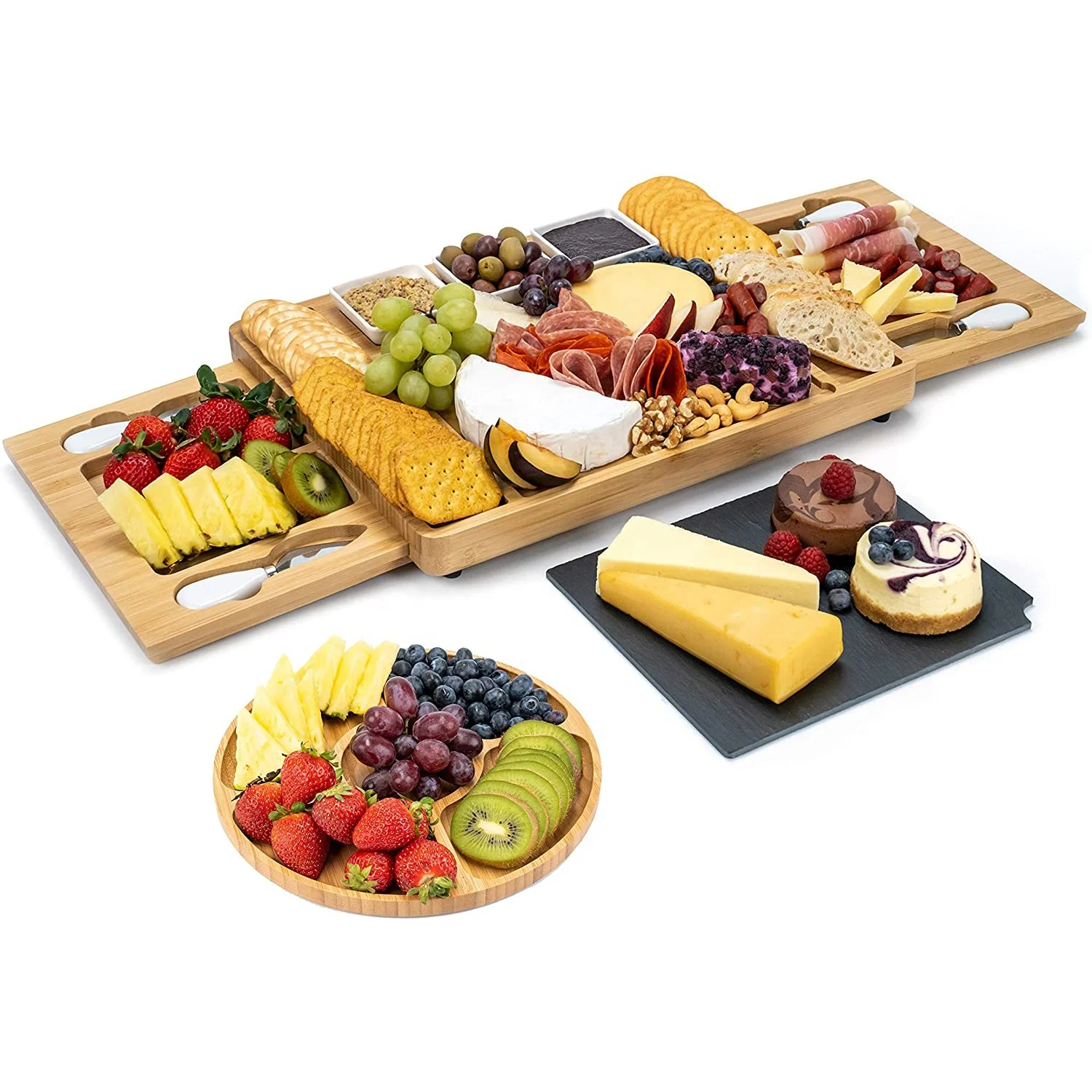 Custom Kitchen wood Cheese Board Bamboo Charcuterie Platter Serving Tray with Double Drawers and Knife Set for Party