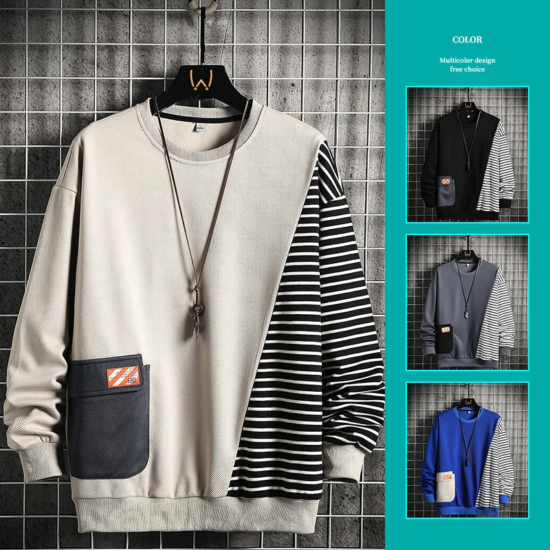 ANSZKTN  New spring and fall loose round neck long sleeve T-shirt hoodie for men on clothes pocket for men round neck hoodie