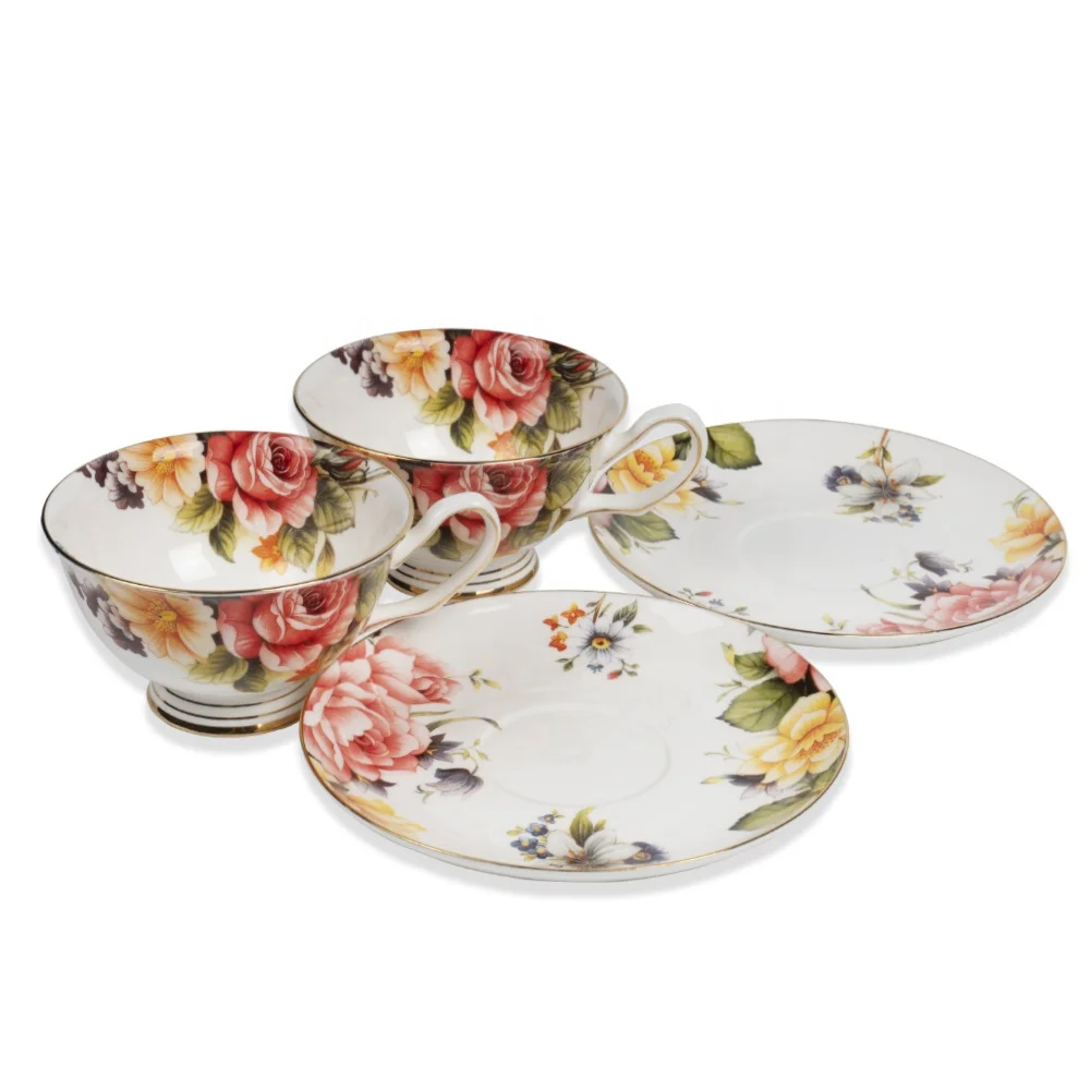 Пара из костяного фарфора чашки и блюдца кофе Cup-6.8oz королевская серия красивые цветы * 2 комплекта