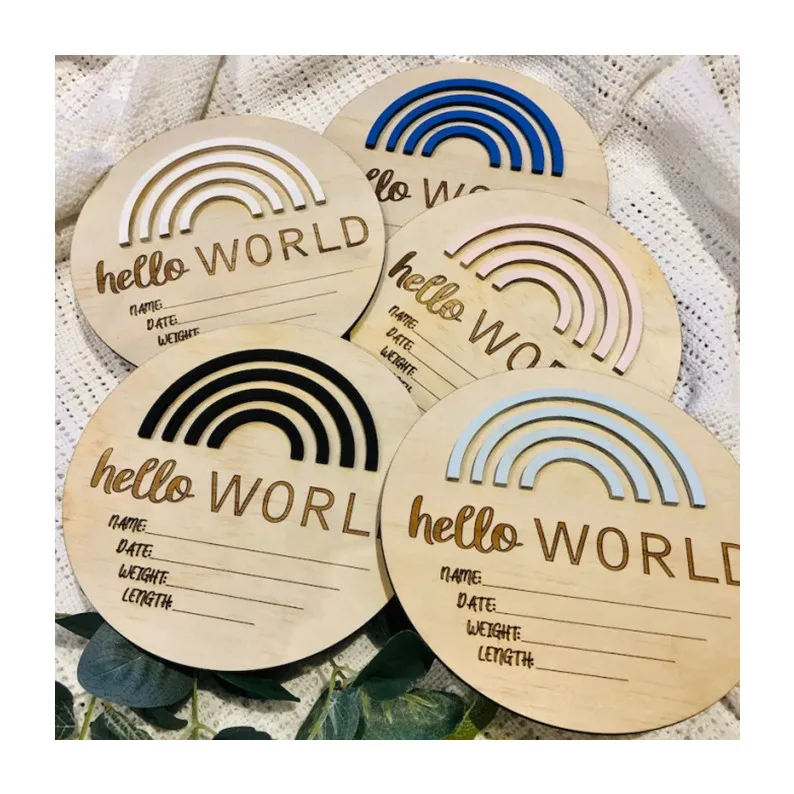 Custom Factory Laser Engrave Wooden Discs Baby Milestone Cards 3D Rainbow Newborn Baby Birth Announcement Wood Sign Card//