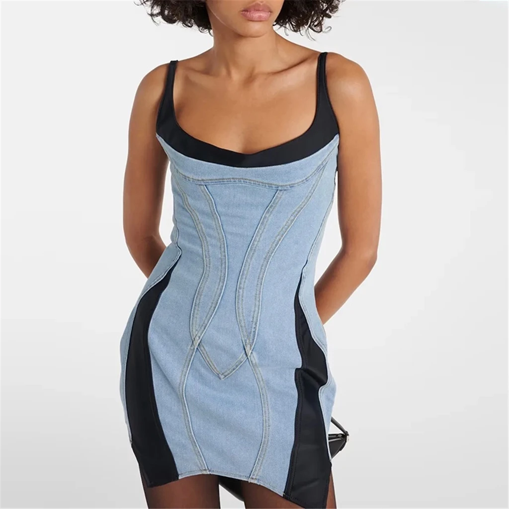 Fashion New Color Block Patchwork Sling Denim Jeans Elegant Casual Irregular Mini Sexy Bodycon Tight Short Dress Women Clothing