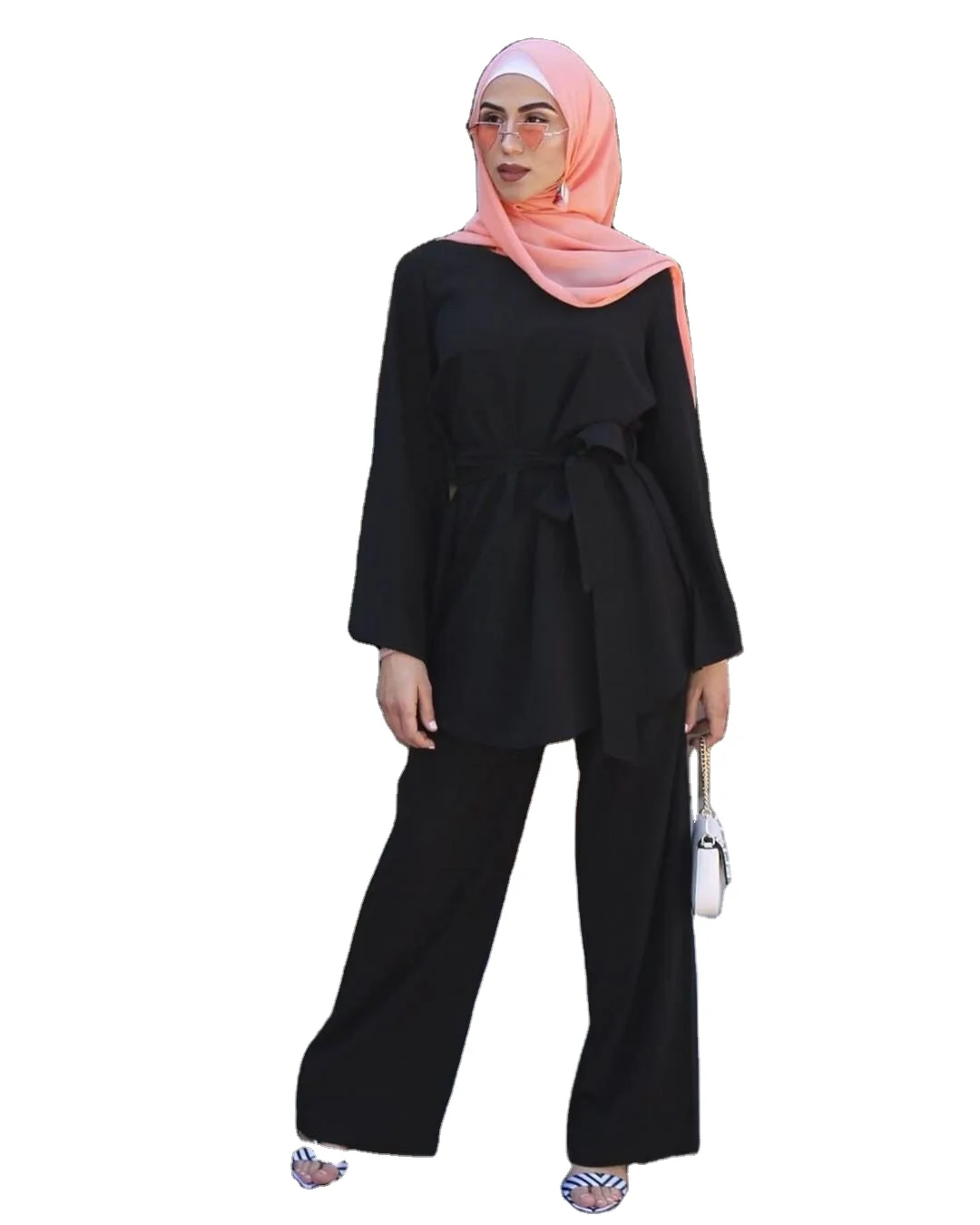 Wholesale 2021 good quality soft arabian girls muslim long sleeve solid color clothes set islamic casual women 2 pcs suit custom