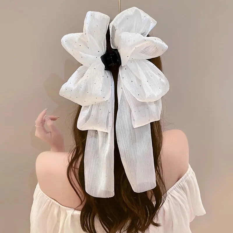Hot Sale High Quality Black White Big Bow Hairpin Spring Clip Lace Ribbon Ladies Clip Fabric Hairgrips