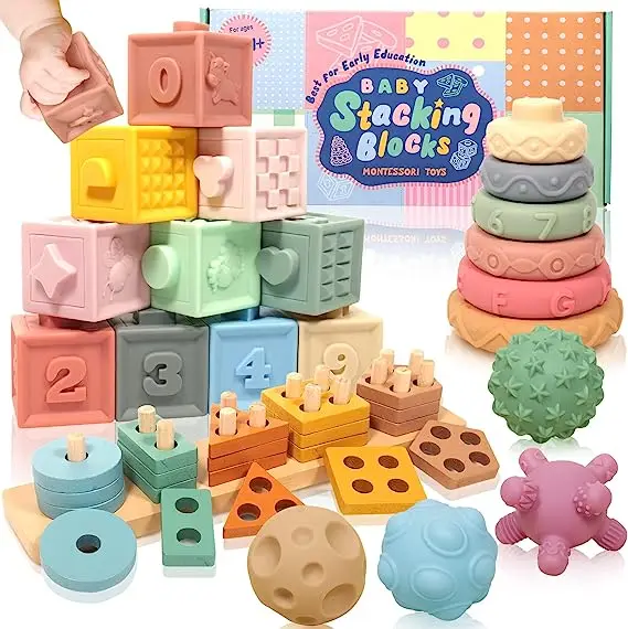 Sensory Montessori Soft Baby Toys: 3 in 1 Stacking Building Block Shape kids Preschool Learning Education  toys