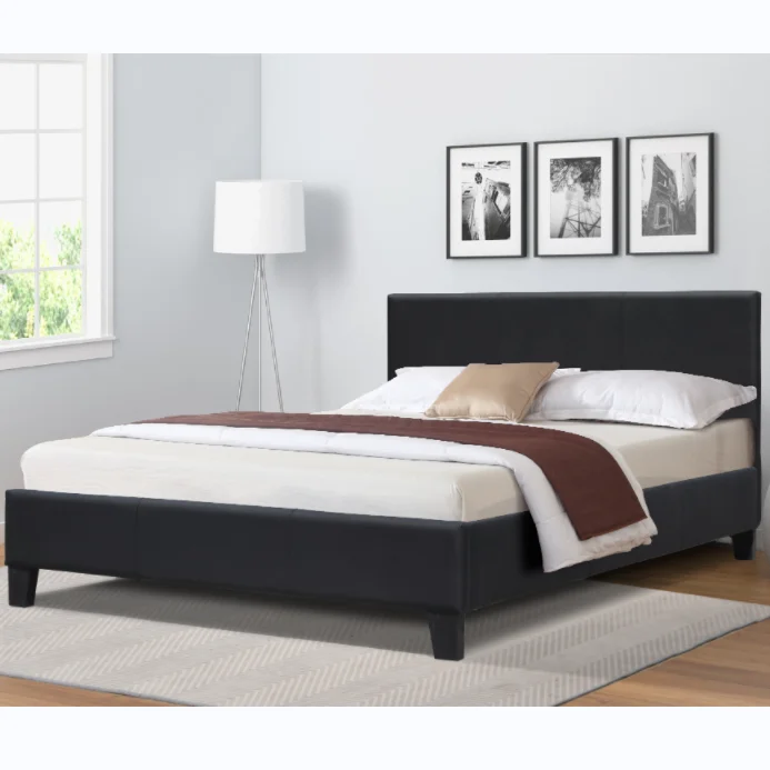 Modern Simple Design Wholesales Beds Upholstered Double Size Black Leather Bed Frame