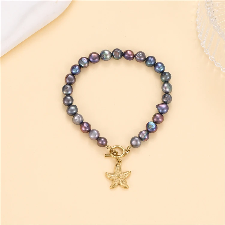 Bead Bracelet Set Stainless Steel Gold Plated Non-fading 18k Punk Jewelry Black Natural Freshwater Pearl Gift