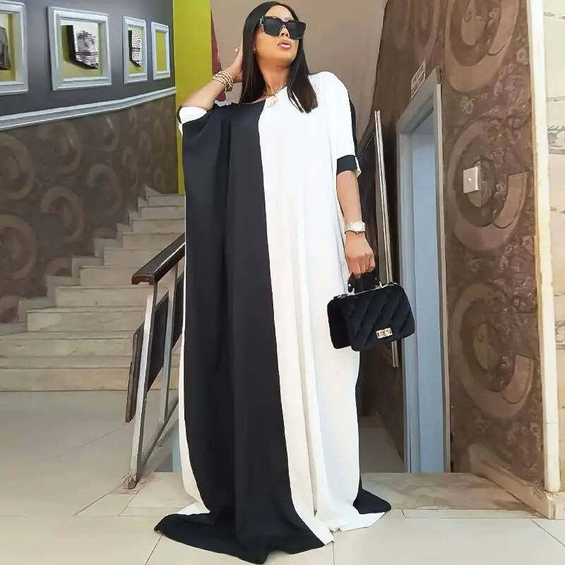 2022 fashion free size two tone maxi dress  women muslim dress short sleeve kaftan style loose robes islamic clothing