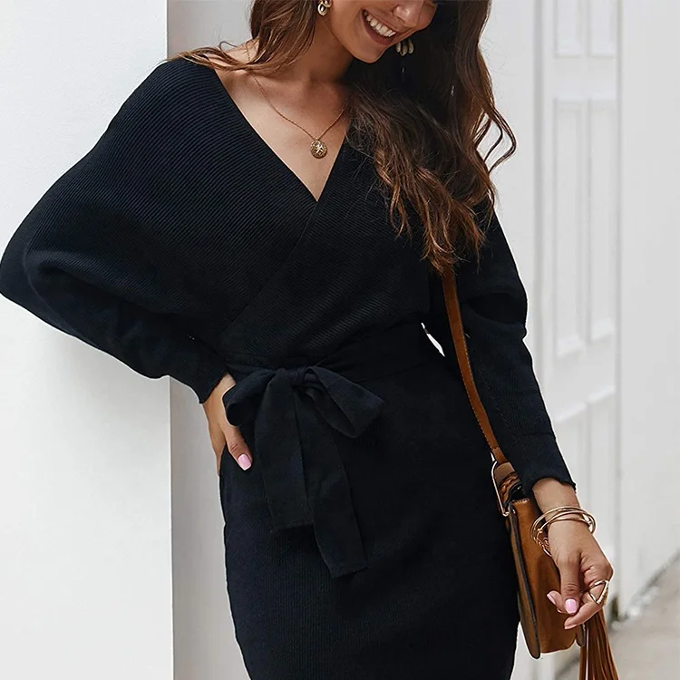 2022 Factory wholesale sexy wrap sweater dress long sleeve strappy backless mini knit dress