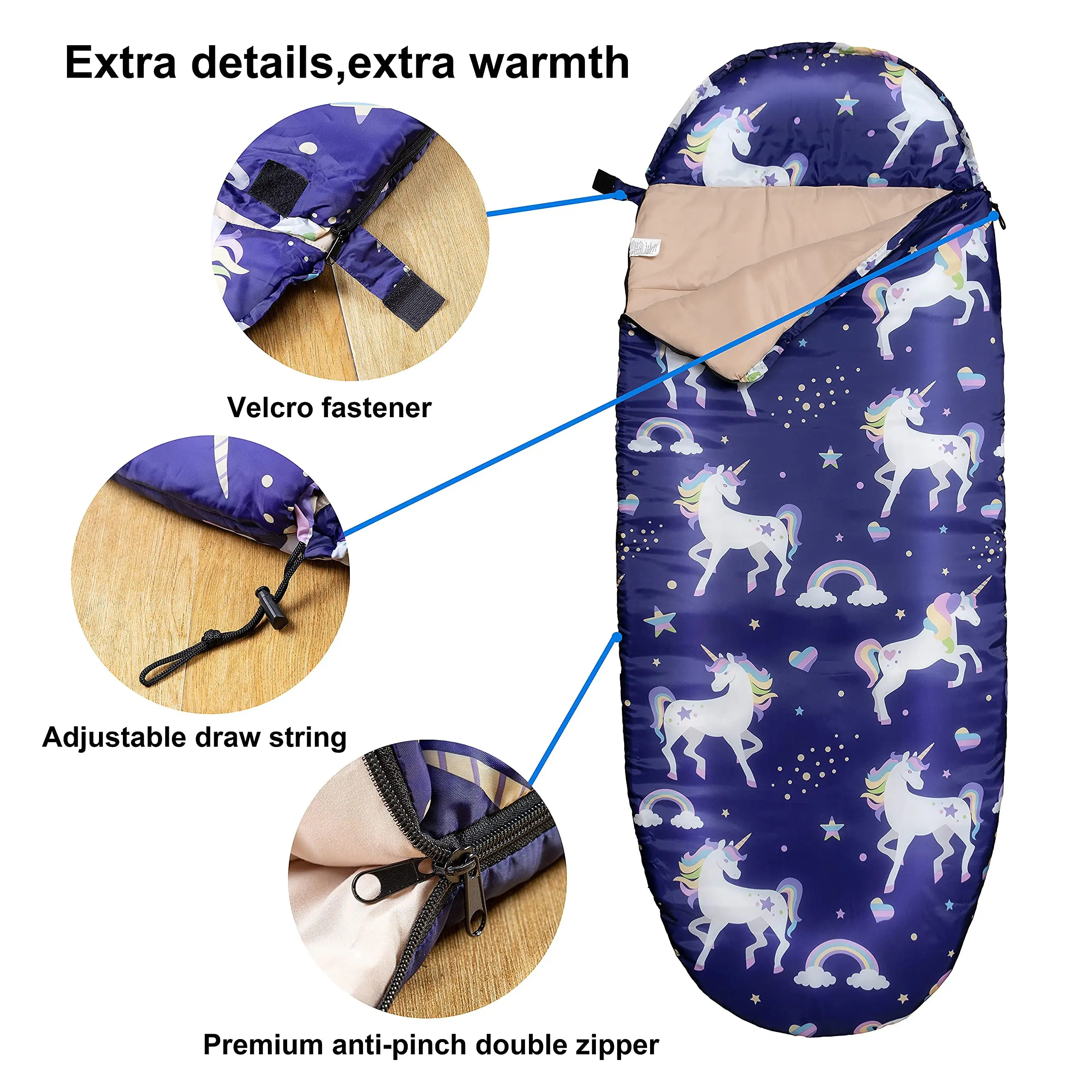 Outdoor And Indoor Unicorn Rainbow Star Waterproof Portable Camping Kids Sleeping Bags For Girls With Carry Bag