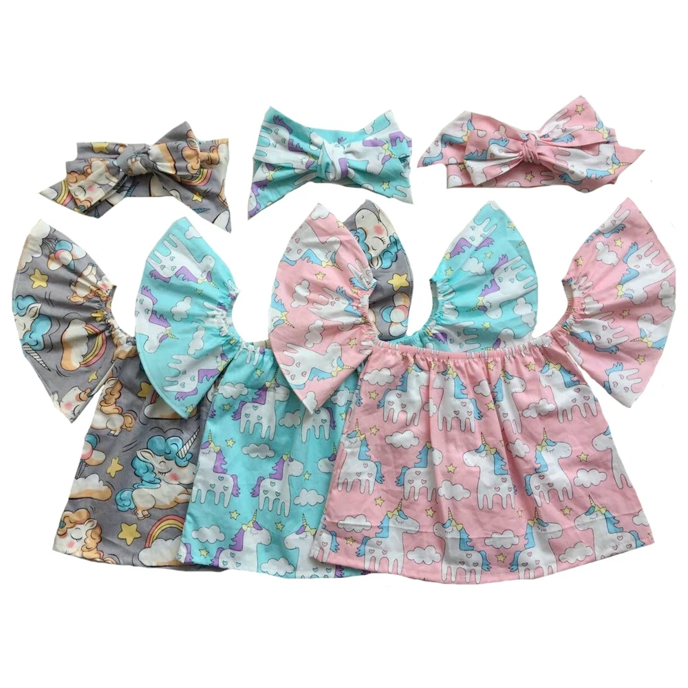 
baby girls Summer off shoulder top matching headband unicorn and rainbow printed cotton t-shirt crop tops 
