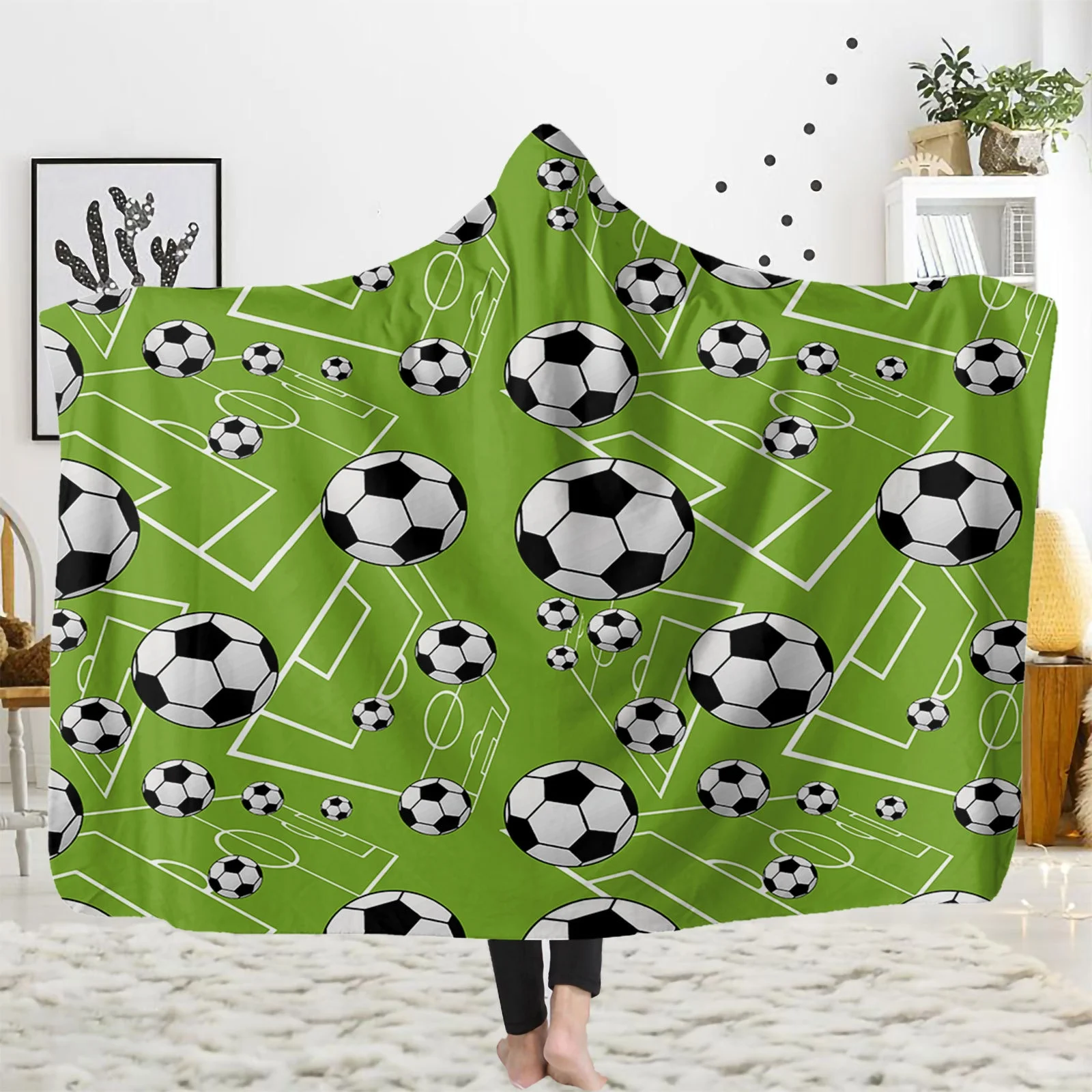 Warm Sofa Travel Bed Wearable Hoodie Blanket Sports Soccer Football Basketball Volleyball Printing Children 100% Polyester 750g