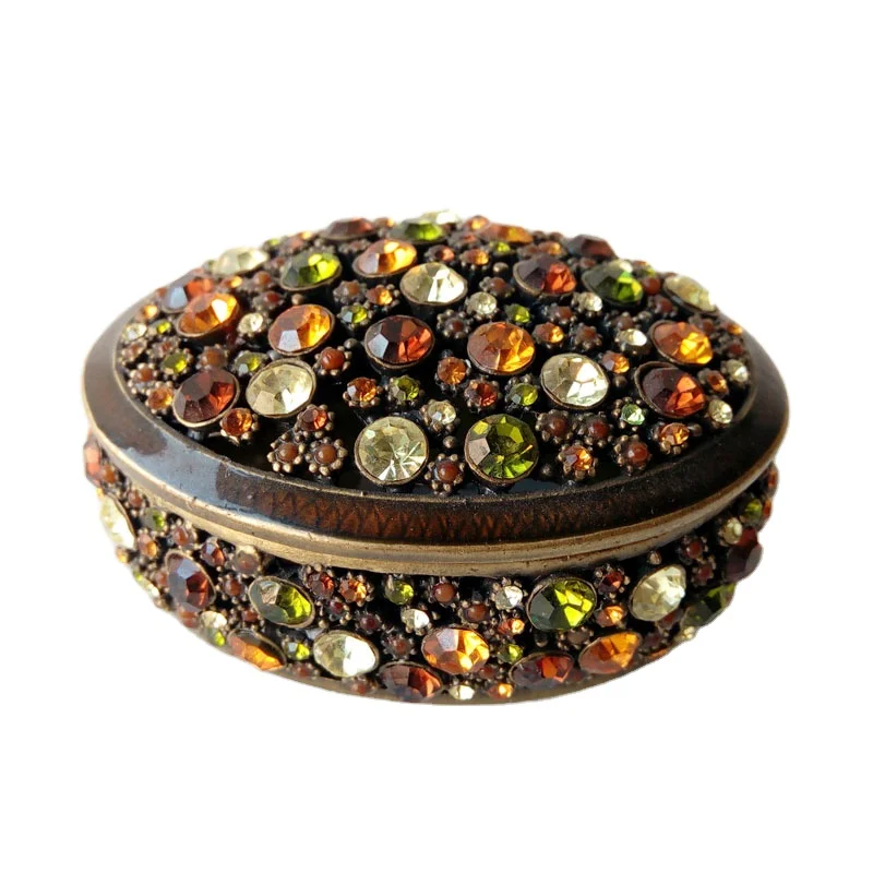 Antique Gold With Dark Amber Hand Enameled And Multi Color Rhinestones Pearls Inlaid Oval Shape Zinc Alloy Jewelry Trinket Box