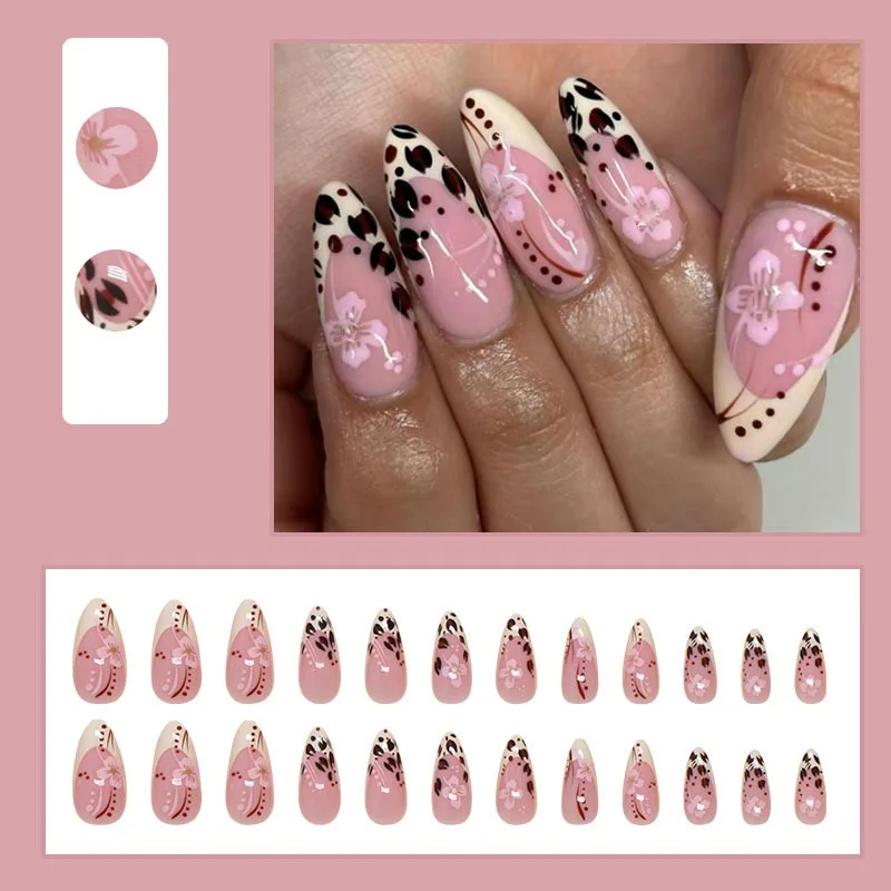 Wholesale Luxury French Medium Almond Pink Leopard Press On Nails 24pcs False Artificial Fingernail Private Label False Nails
