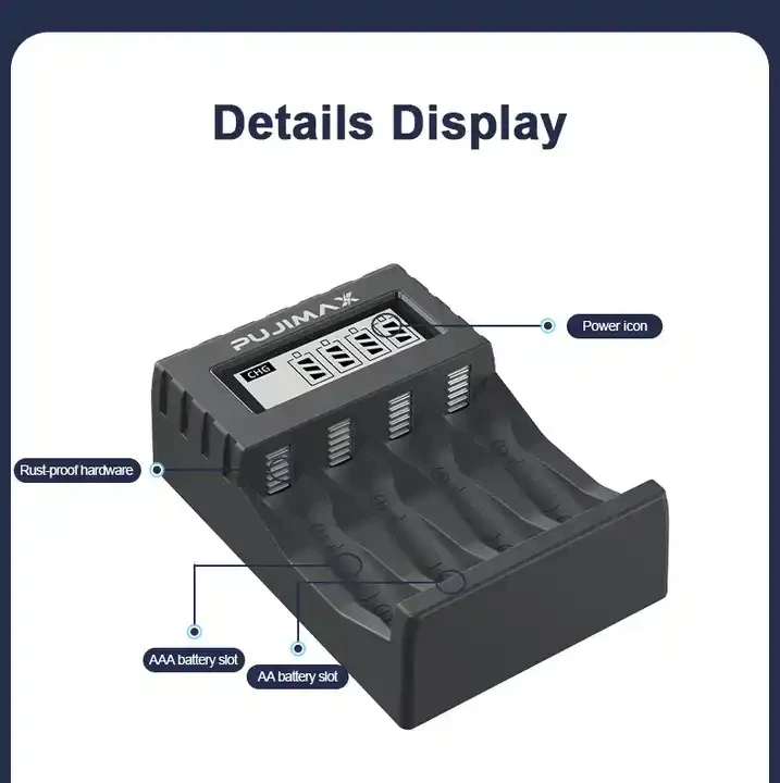 PUJIMAX rechargeable 4 slots aa lithium battery charger 1.5v li ion battery charger aa battery set with 8pcs 1.5v aa 3400mwh