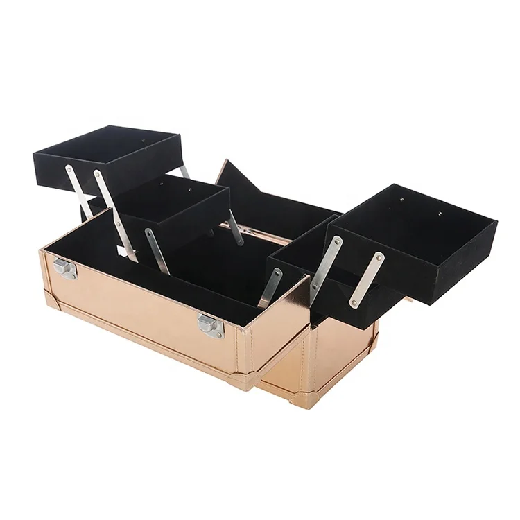Hengxin Rose Gold 4 Trays Professional Cosmetic organizer Vanity Make Up Carrier  Box  Lockable keys Train Case