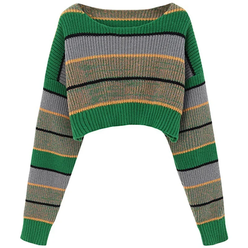 Green & Yellow & Gray Cropped Sweater Colored Striped Women Winter Pullover Long Sleeve Sexy Shirt