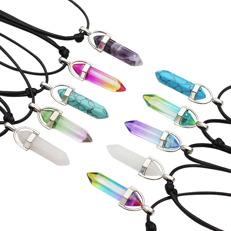 Fashion Hexagonal Column Bullet Pendants Jewelry Necklace Crystal Quartz Healing Point Chakra Stone Long Charms Chains