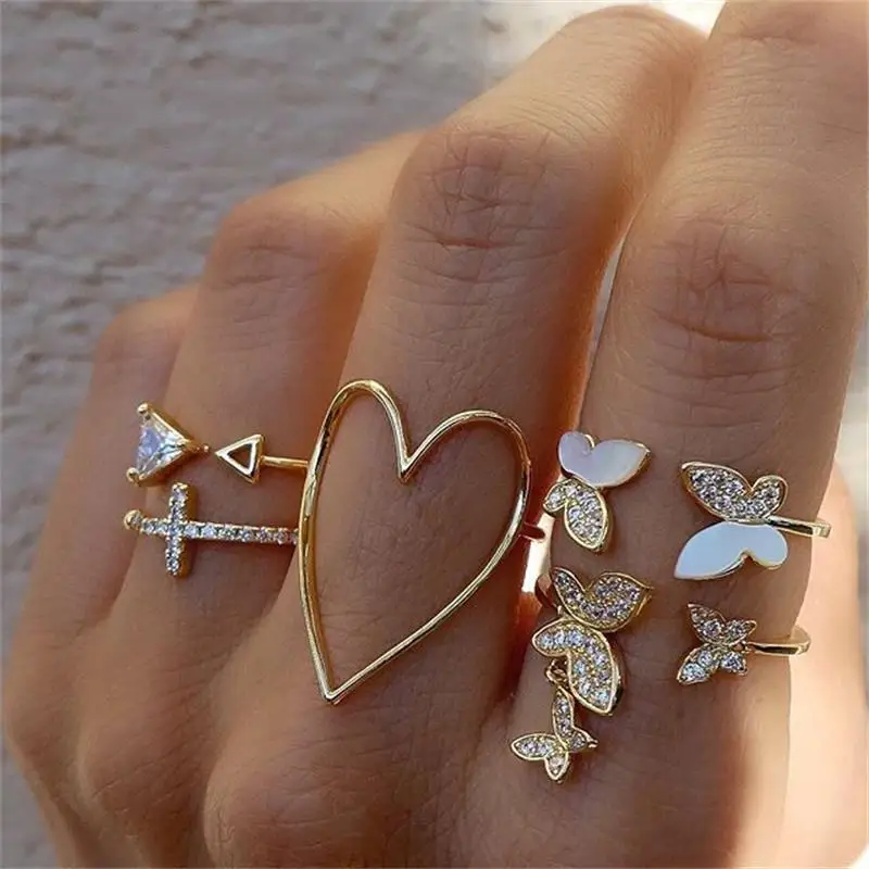 2021 New arrival jewelry triangle cross gold love butterfly  diamond  rings knuckle ring set for women wedding rings