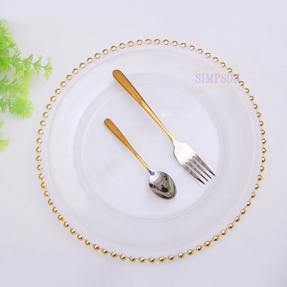 European 13 inch plastic acrylic charger plates gold beaded rim clear crystal charger plates
