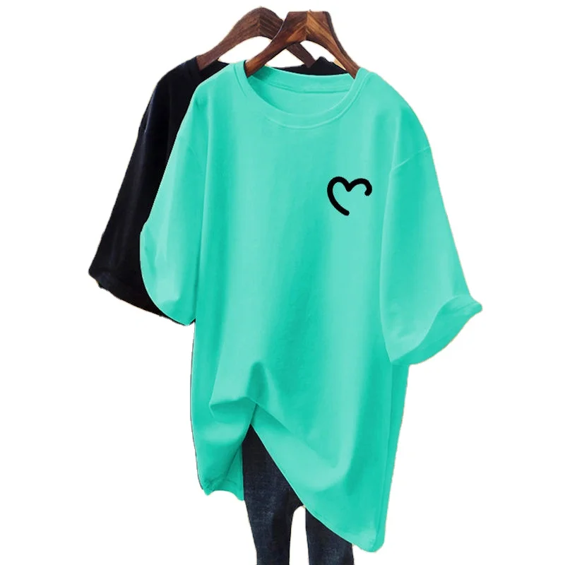 2024 женская летняя футболка с принтом любви коротким рукавом на заказ мультяшными микро этикетками 100% хлопок Свободный Длинный топ воротником оптом