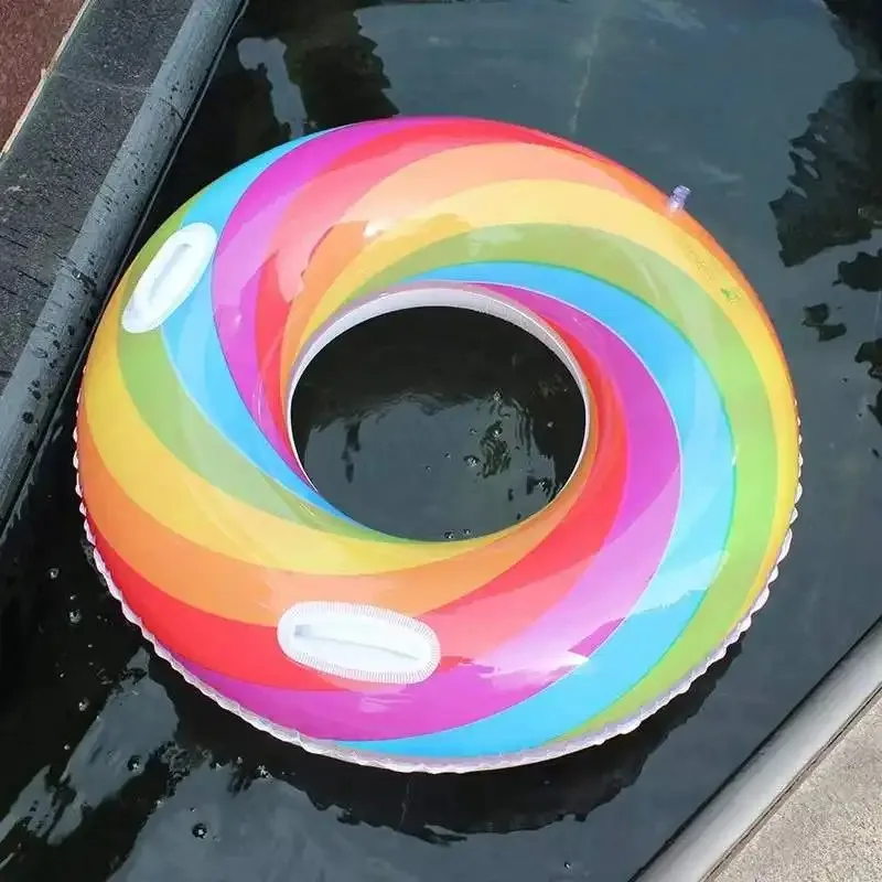 JIURAN Design Pvc Children And Adults Size Colorful Rainbow Inflatable Pool Floaters With Handle Swimming Ring