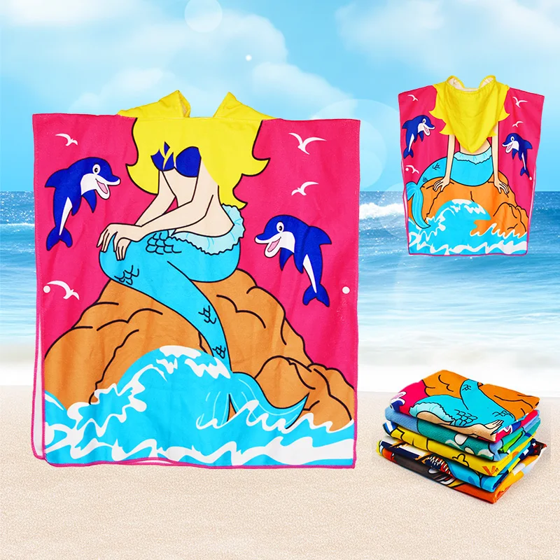 wholesale custom microfiber kids hooded poncho 60*120cm beach towel baby kids towel with hood