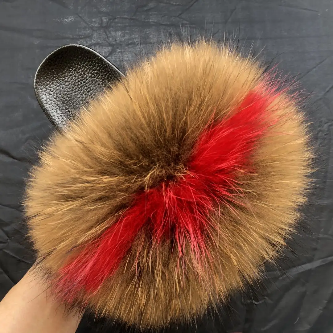 
Quick Shipping Fur Slides 2021 Wholesale Price Real Fur Slippers For Women Flush Soft Outdoor Raccoon Fur Slides 