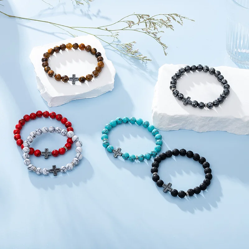 Zinc Alloy Natural Stone healing gemstone beads bracelet Cross Bracelets fashion jewelry
