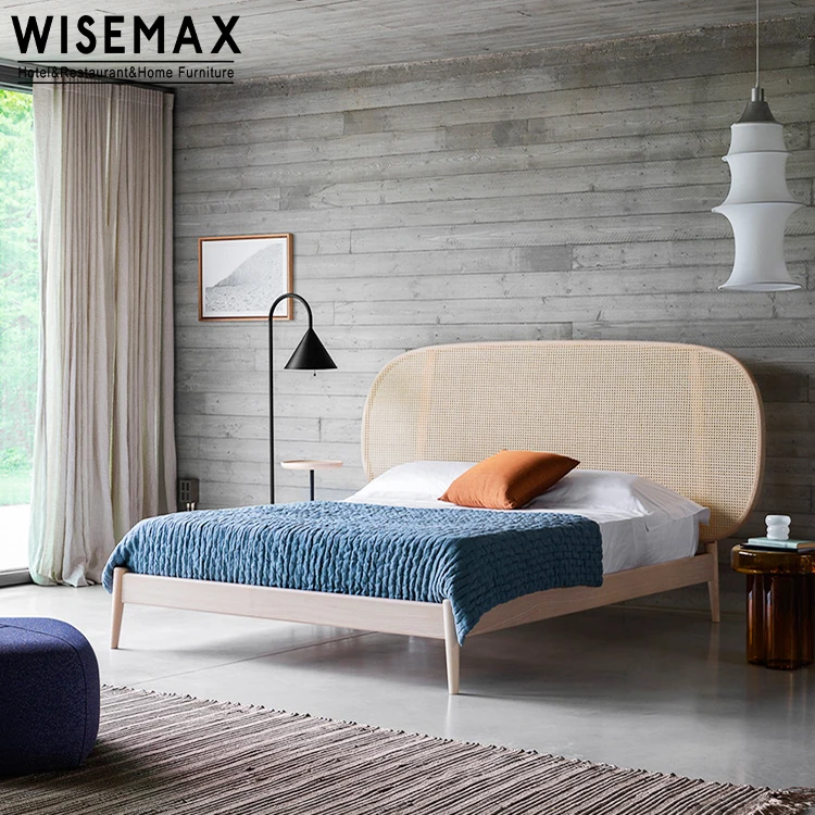 Мебель WISEMAX оптовая продажа комплект кровати мебель простая плетеная кровать из массива дерева ротанговая для гостиной спальни гостиницы мягкие
