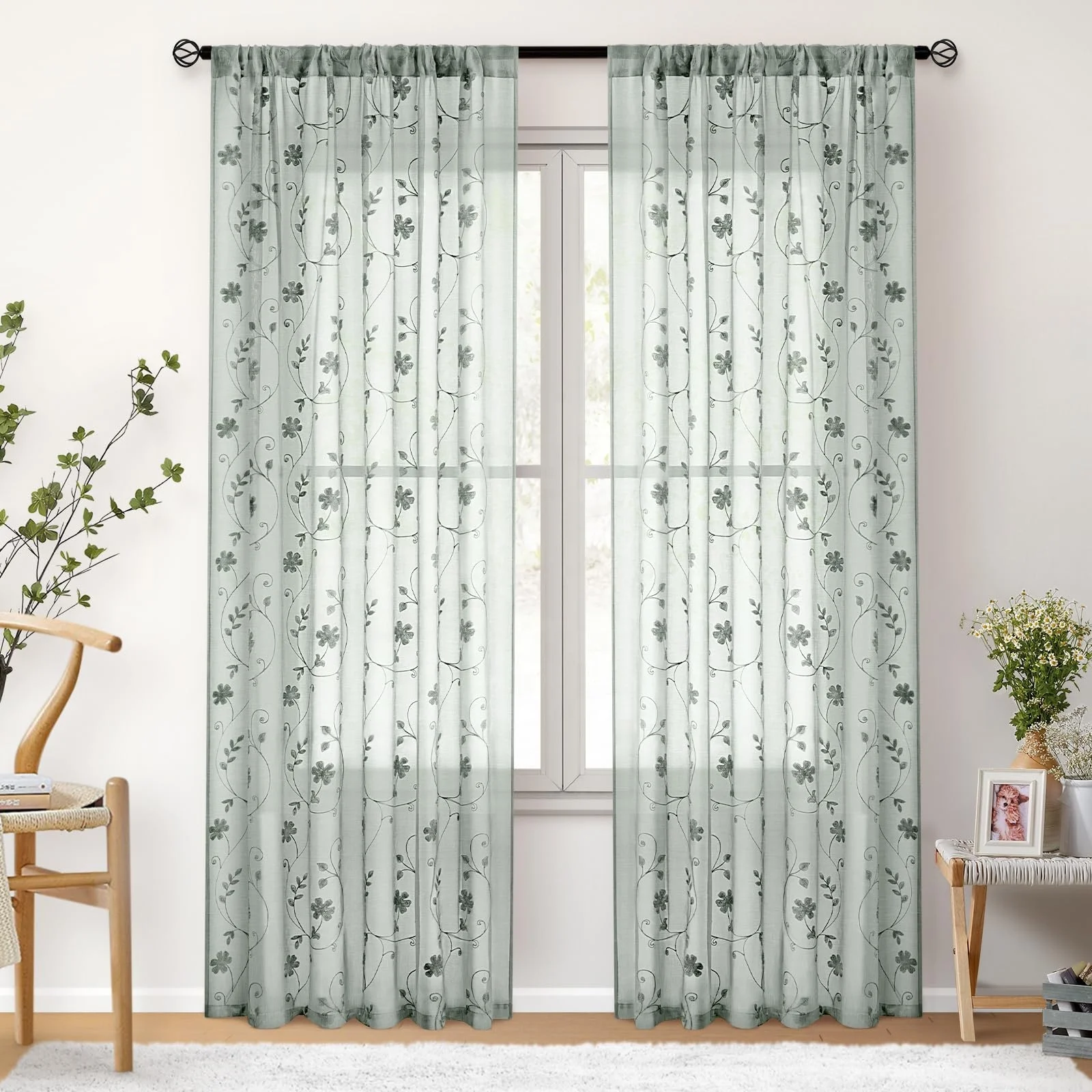 Green Translucent Embroidered Window Living Room Bedroom Balcony Sheer Fabric Linen Look 100 Polyester Floral Gauze Curtain