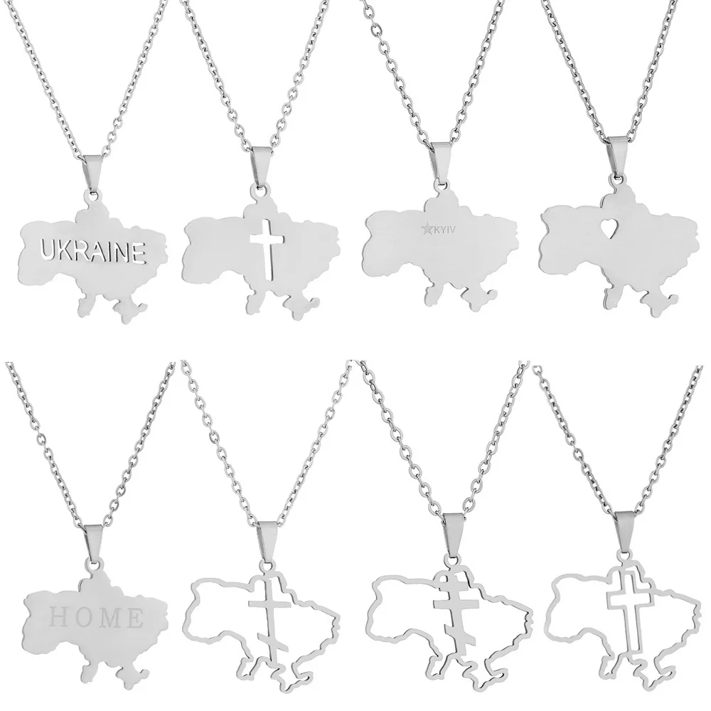 New Stainless Steel Hollow Ukrainian Country Map Pendant Necklace Ukraine Flag Charm Necklace For Women Men Jewelry
