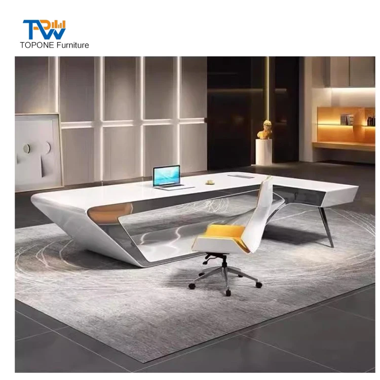 Modern solid surface L shape white blue manager office desk with return open front lacquered office furniture