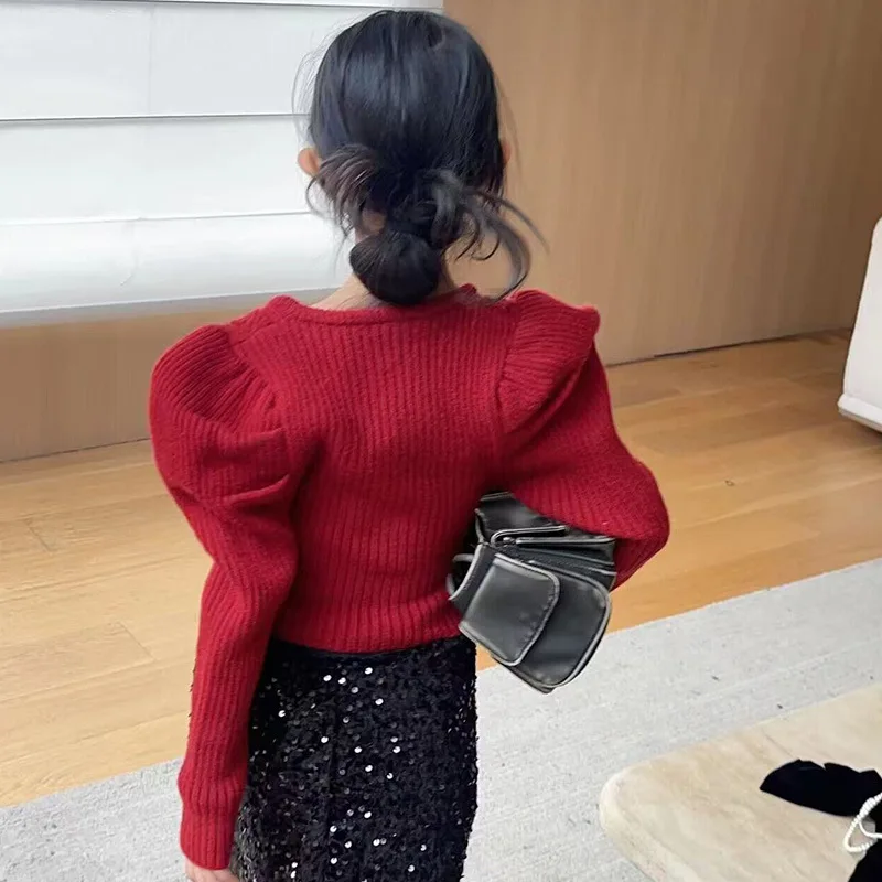 2024 Children Girl Red Puff Sleeved Cardigan Sweater 5-15 Years