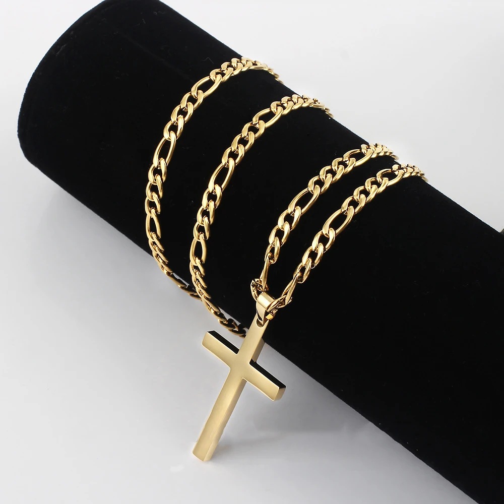 Energinox Wholesale Christian Jesus Rose Wood Inlay Stainless Steel Simple Plain Cross Pendant Necklace for Men 20 inches Chain
