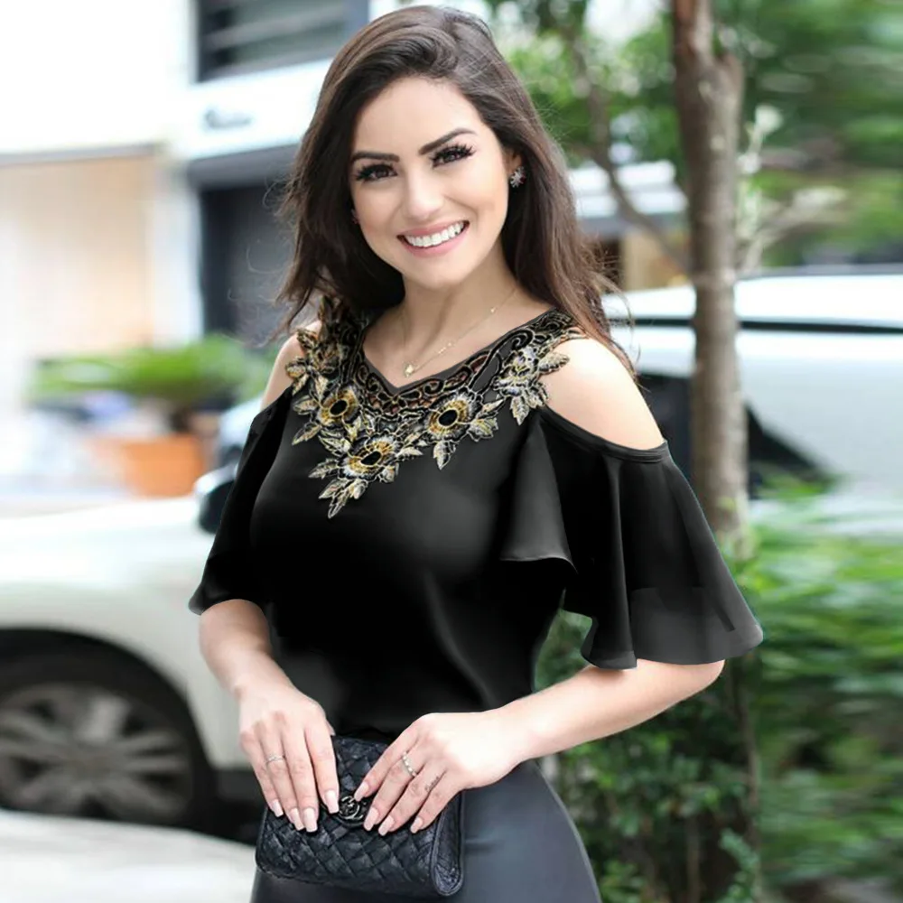 Fashion ladies blouses tops cold shoulder embroidery satin blouse
