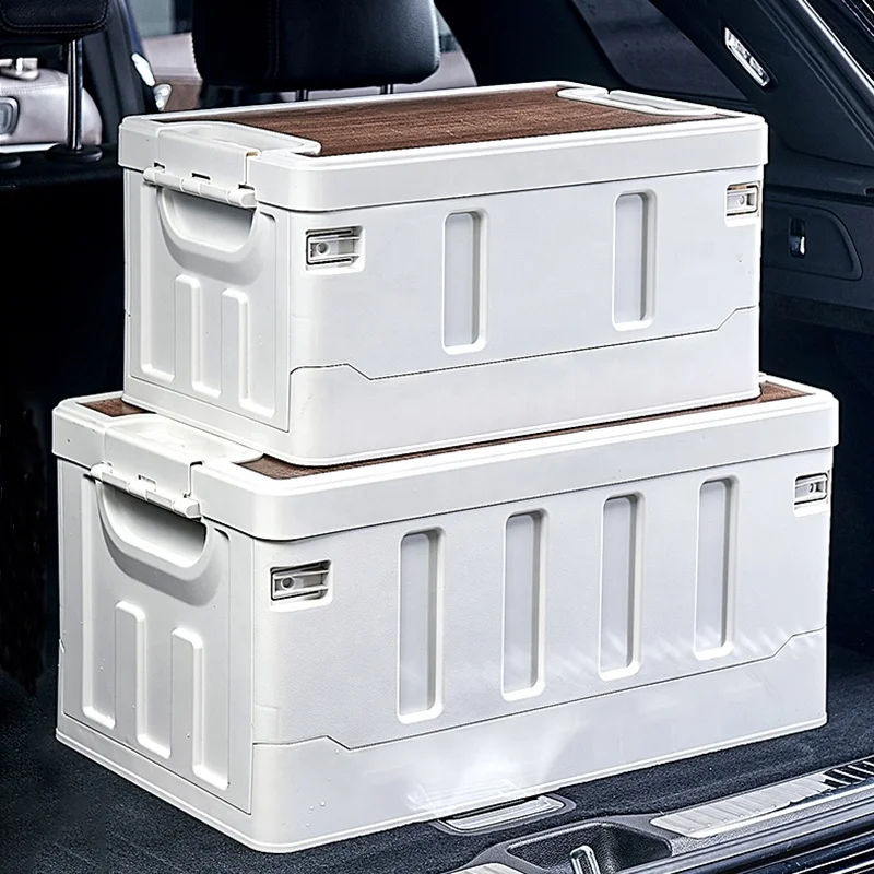Plastic Picnic Storage Folding Camping Box Car Trunk Organizer Box with Wood lid