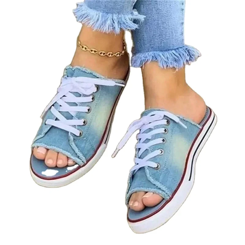 Fashion ladies Open toe flat slipper denim Fabric women slippers sandals